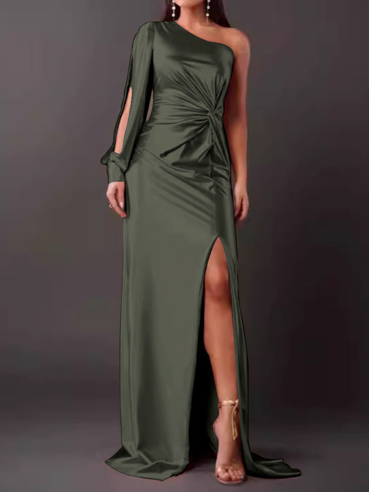 Women's Diagonal Shoulder Knot Split Solid Color Slim Fit Dress