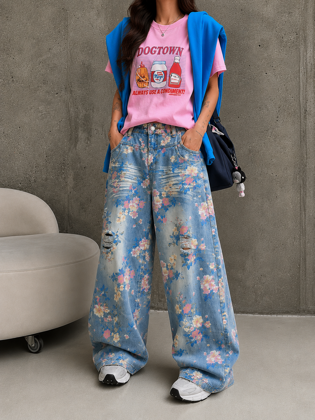 Vintage Floral Print Wide Leg Distressed Jeans