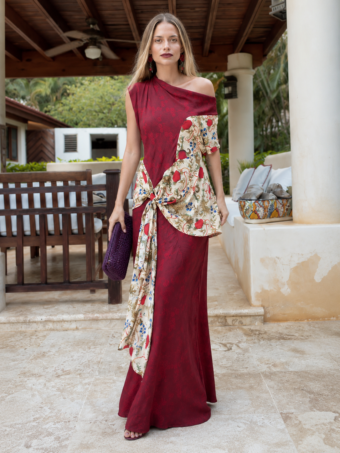 Red Floral Print Asymmetrical One-Shoulder Maxi Dress with Tied Waist Detail