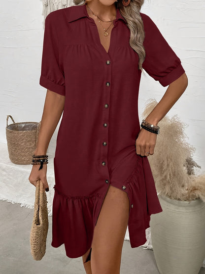 Womens Solid-Color Single-Breasted New Puff-Sleeve Dress