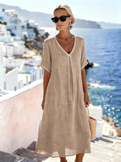 Casual Loose Fitting Long Skirt With Short Sleeves And A V Neck In Solid Color Cotton Linen Fabric