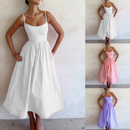 Lady Temperament Commute Low-cut Slim Fit Waist Trimming Spaghetti Straps Dress