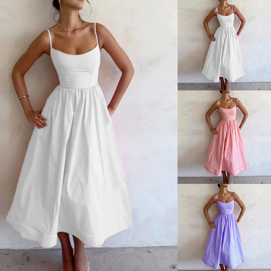 Lady Temperament Commute Low-cut Slim Fit Waist Trimming Spaghetti Straps Dress