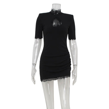 Sexy Lace Hollow-out Spliced Short Sleeve Dress