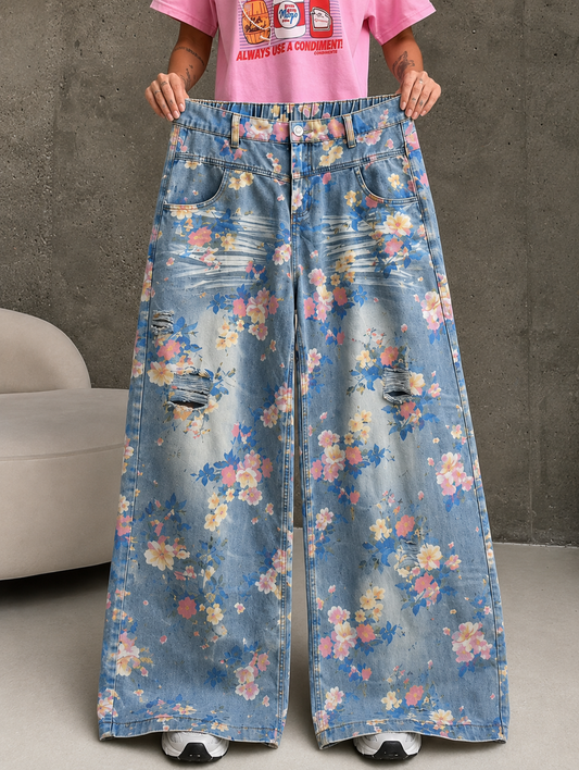 Vintage Floral Print Wide Leg Distressed Jeans