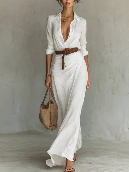 Irregular Long Dress With Belt Fashion And Elegant Button Lapel Long-sleeved Shirt Dresses Daily Office Commuting Clothing For Women