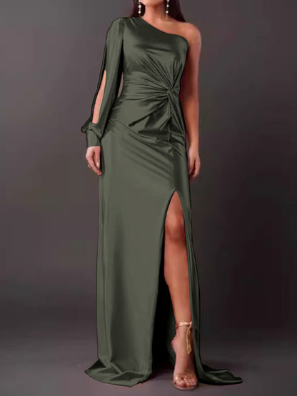 Women's Diagonal Shoulder Knot Split Solid Color Slim Fit Dress