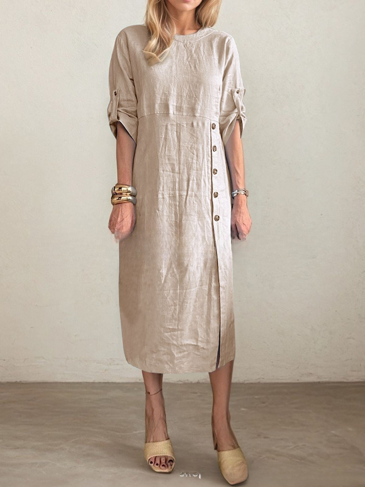Round Neck Short Sleeve Button Split Mid-length Casual Dress