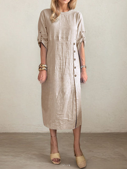 Round Neck Short Sleeve Button Split Mid-length Casual Dress