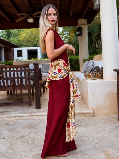Red Floral Print Asymmetrical One-Shoulder Maxi Dress with Tied Waist Detail