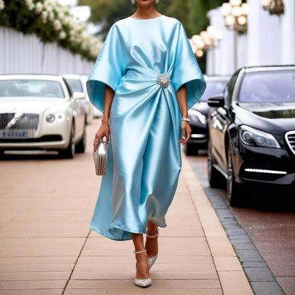Elegant Commuter Design Sense Satin Long Dress For Women With Pearl Flower Decoration High Waist Irregular Skirt