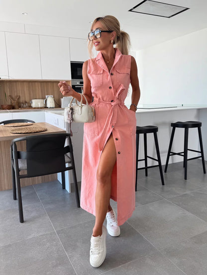 New Sleeveless Long Tie Waist-tight Single-breasted Denim Dress