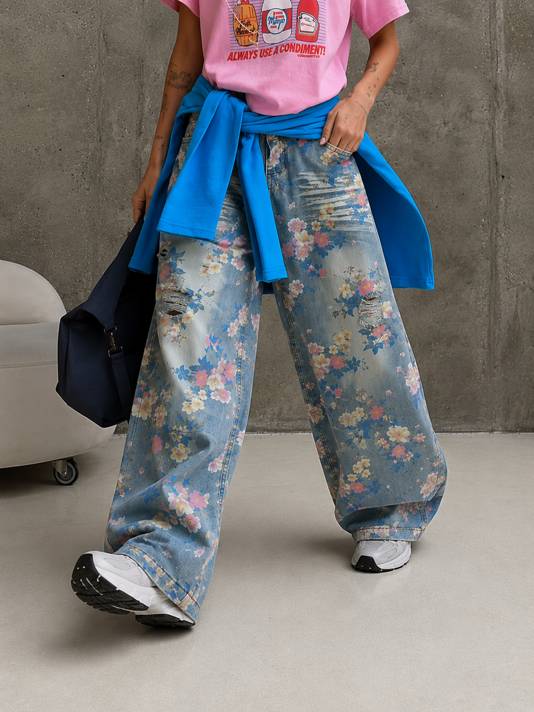 Vintage Floral Print Wide Leg Distressed Jeans