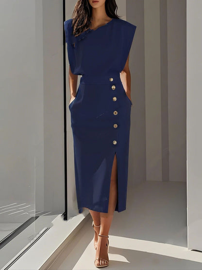 Split Metal Button Summer Dress Women