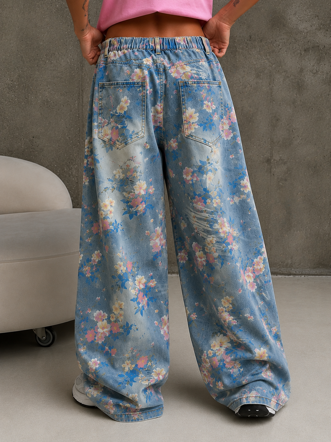 Vintage Floral Print Wide Leg Distressed Jeans
