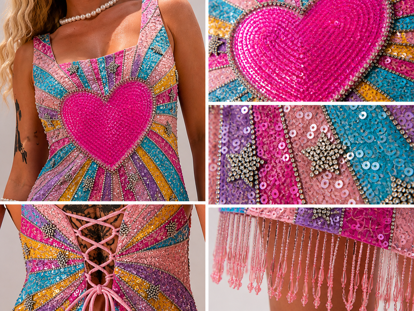 Rainbow Sequin Heart Fringe Mini Dress - Festival Party Dress with Lace-Up Back