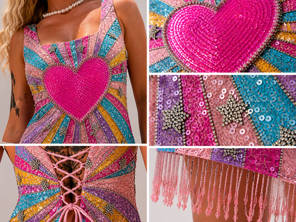 Rainbow Sequin Heart Fringe Mini Dress - Festival Party Dress with Lace-Up Back