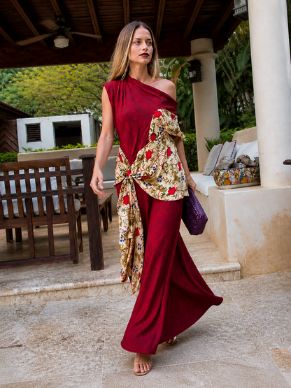 Red Floral Print Asymmetrical One-Shoulder Maxi Dress with Tied Waist Detail