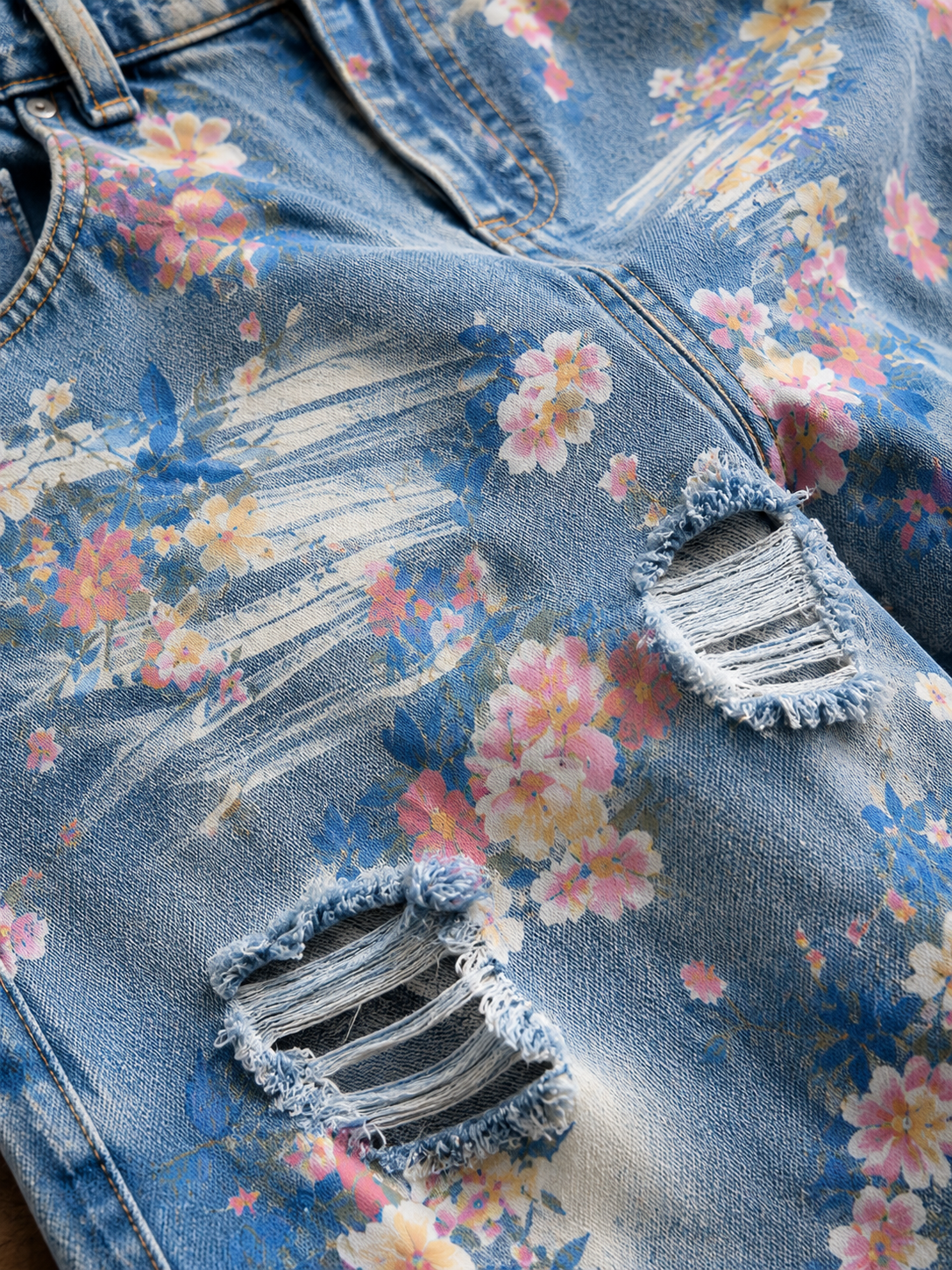 Vintage Floral Print Wide Leg Distressed Jeans