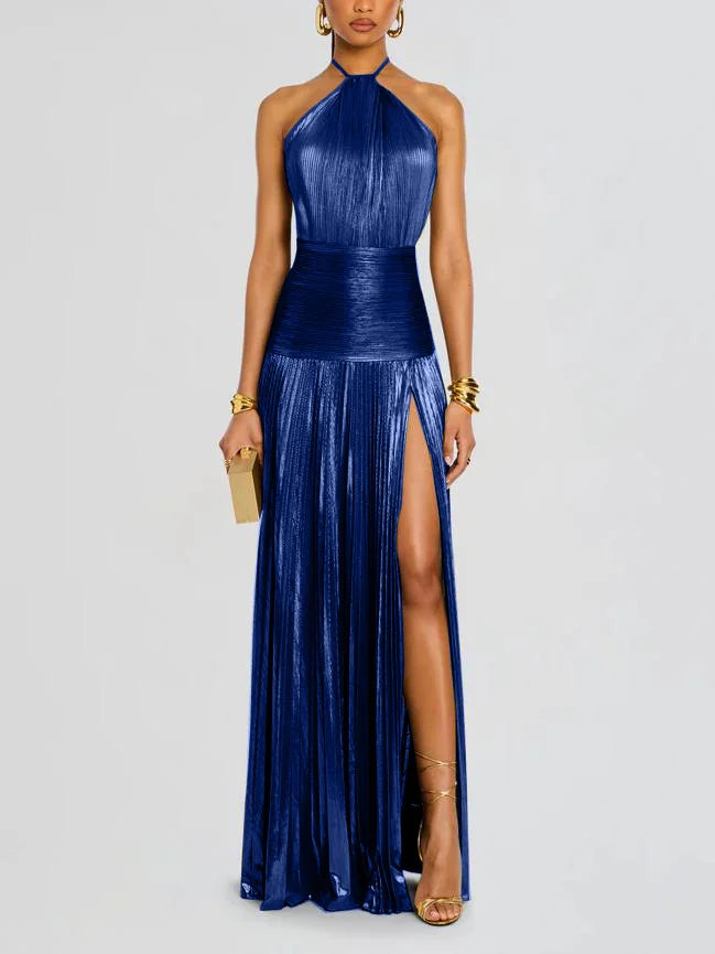 Women's Pleated Split Lace-up Halter Dress