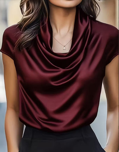 Womens Solid-color Boat-neck Drapey Short-sleeve Top