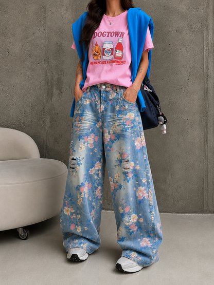 Vintage Floral Print Wide Leg Distressed Jeans