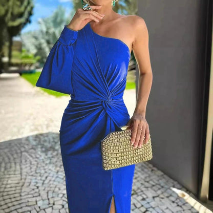 Women's Diagonal Shoulder Knot Split Solid Color Slim Fit Dress