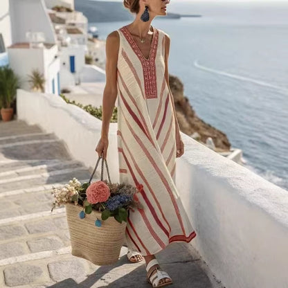 Printed Vacation-Style V-Neck Striped Sleeveless Dress