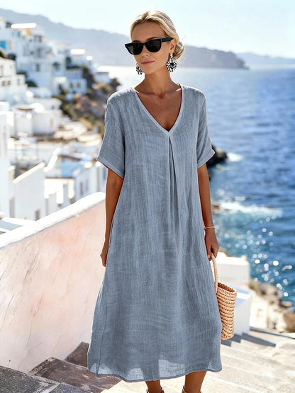 Casual Loose Fitting Long Skirt With Short Sleeves And A V Neck In Solid Color Cotton Linen Fabric