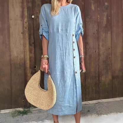 Round Neck Short Sleeve Button Split Mid-length Casual Dress