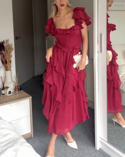 Square neck ruffle sleeves backless dress