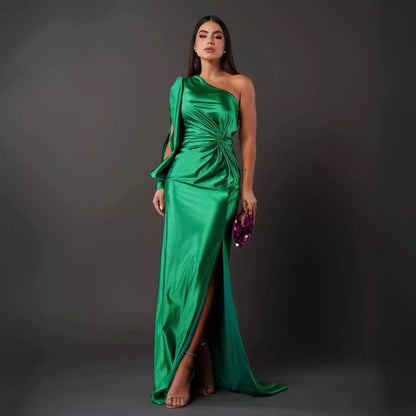 Women's One-shoulder Split Dress Ins Fashion Long-sleeved Slim Long Dresses Party Evening Clothing