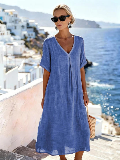 Casual Loose Fitting Long Skirt With Short Sleeves And A V Neck In Solid Color Cotton Linen Fabric