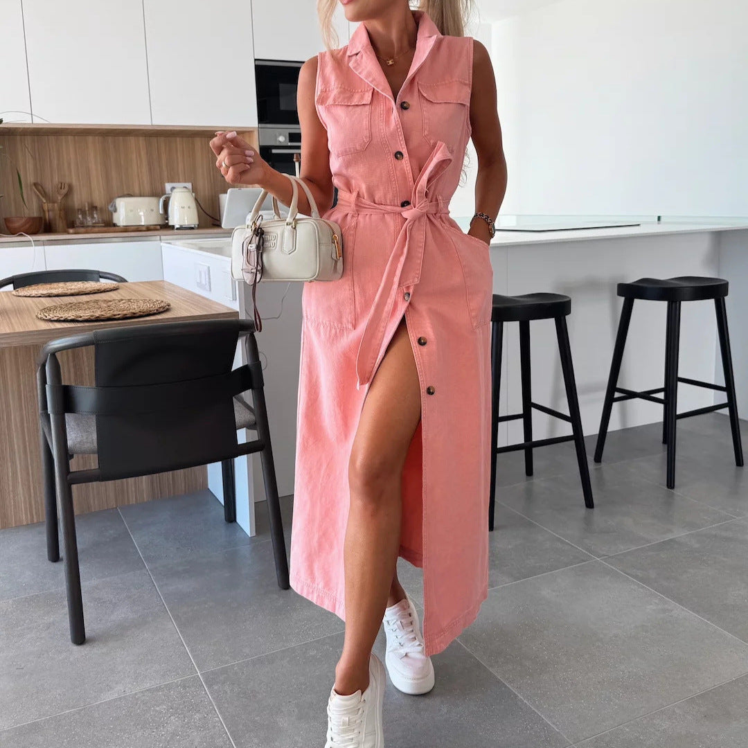 Sleeveless Long Tie Waist Single-breasted Denim Dress