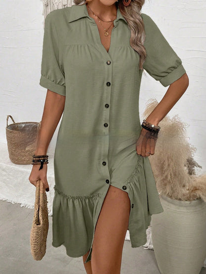Womens Solid-Color Single-Breasted New Puff-Sleeve Dress