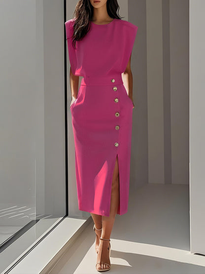 Split Metal Button Summer Dress Women