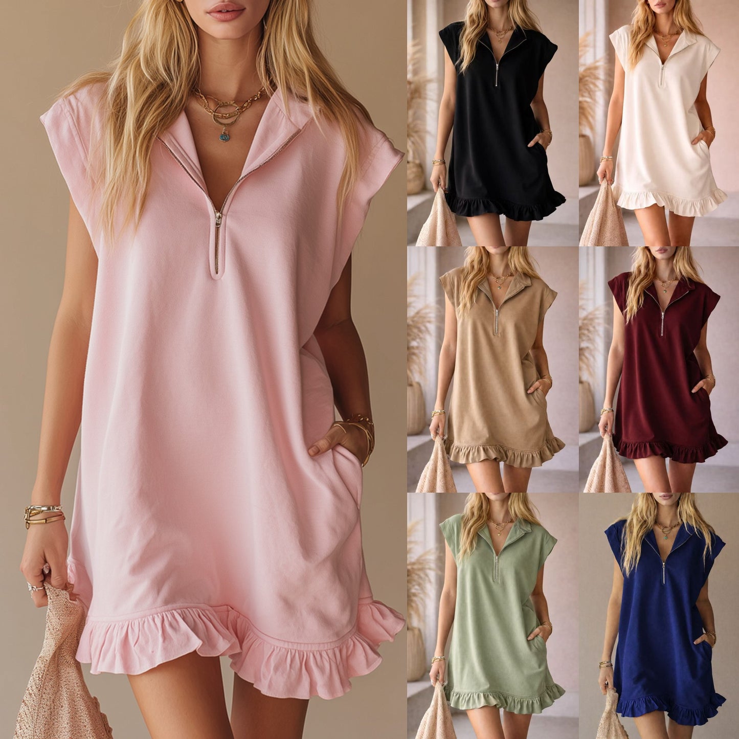 V-neck Sleeveless Dress With Two Pockets And A Zipper