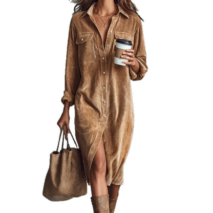 Turn-Down Collar Buttons Chic Casual Dress, Women Spring Autumn Solid Simple Party Dress, Long Sleeve Holiday Ladies Dress