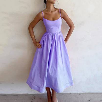 Lady Temperament Commute Low-cut Slim Fit Waist Trimming Spaghetti Straps Dress