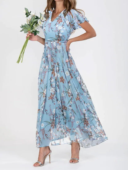 Flowers Print Short Sleeve Dress Summer Fashion Ruffle Beach Dresses Women's Clothing