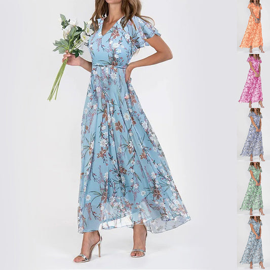 Flowers Print Short Sleeve Dress Summer Fashion Ruffle Beach Dresses Women's Clothing