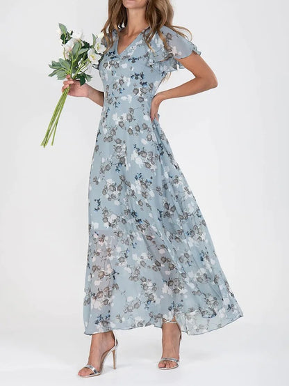 Flowers Print Short Sleeve Dress Summer Fashion Ruffle Beach Dresses Women's Clothing