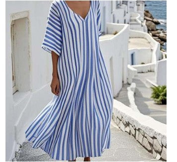 Fashionable Womens Striped-Neck Short-Sleeve Loose Plus-Size Dress