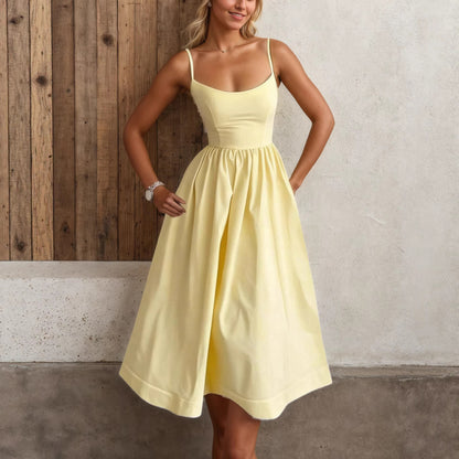 Lady Temperament Commute Low-cut Slim Fit Waist Trimming Spaghetti Straps Dress
