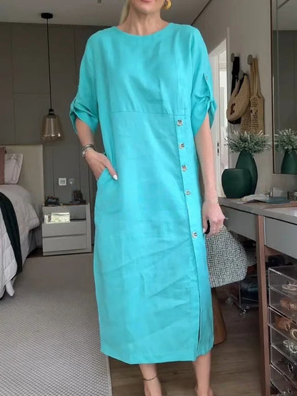 Round Neck Short Sleeve Button Split Mid-length Casual Dress