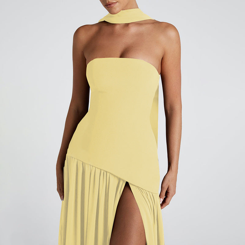 Pure Color Split Backless Elegant Streamer Dress