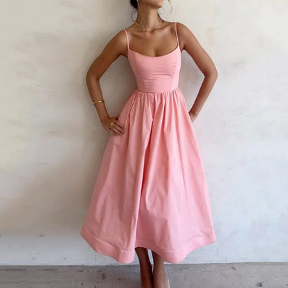 Lady Temperament Commute Low-cut Slim Fit Waist Trimming Spaghetti Straps Dress