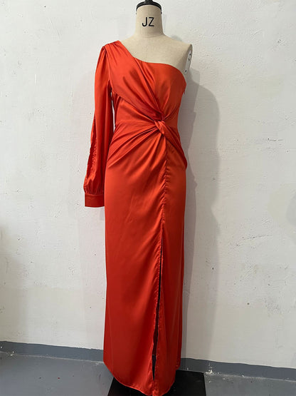 Women's One-shoulder Split Dress Ins Fashion Long-sleeved Slim Long Dresses Party Evening Clothing