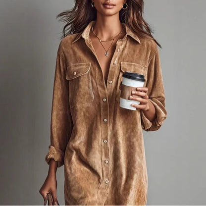 Turn-Down Collar Buttons Chic Casual Dress, Women Spring Autumn Solid Simple Party Dress, Long Sleeve Holiday Ladies Dress
