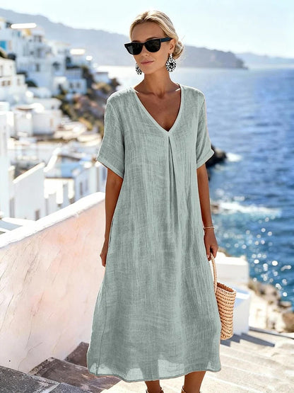 Casual Loose Fitting Long Skirt With Short Sleeves And A V Neck In Solid Color Cotton Linen Fabric